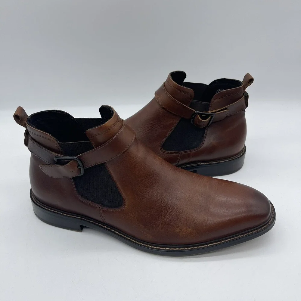 Kenneth Cole New York Sum-Times Mens Size 9.5 Chelsea Leather Boots Cognac Brown
